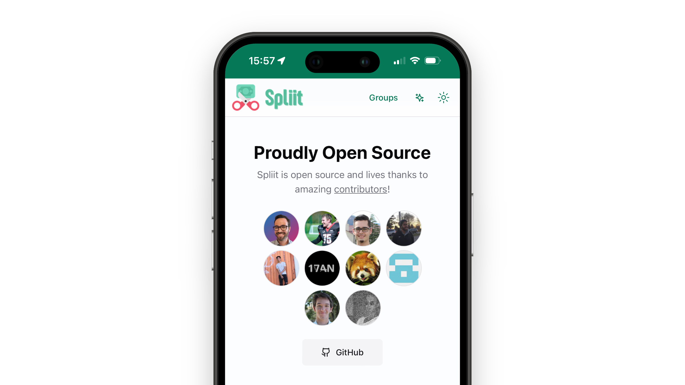 Screenshot of Spliit’s home page, displaying the avatar of its 10 contributors on GitHub.