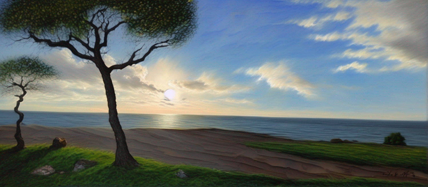 A painting of two trees on a beach