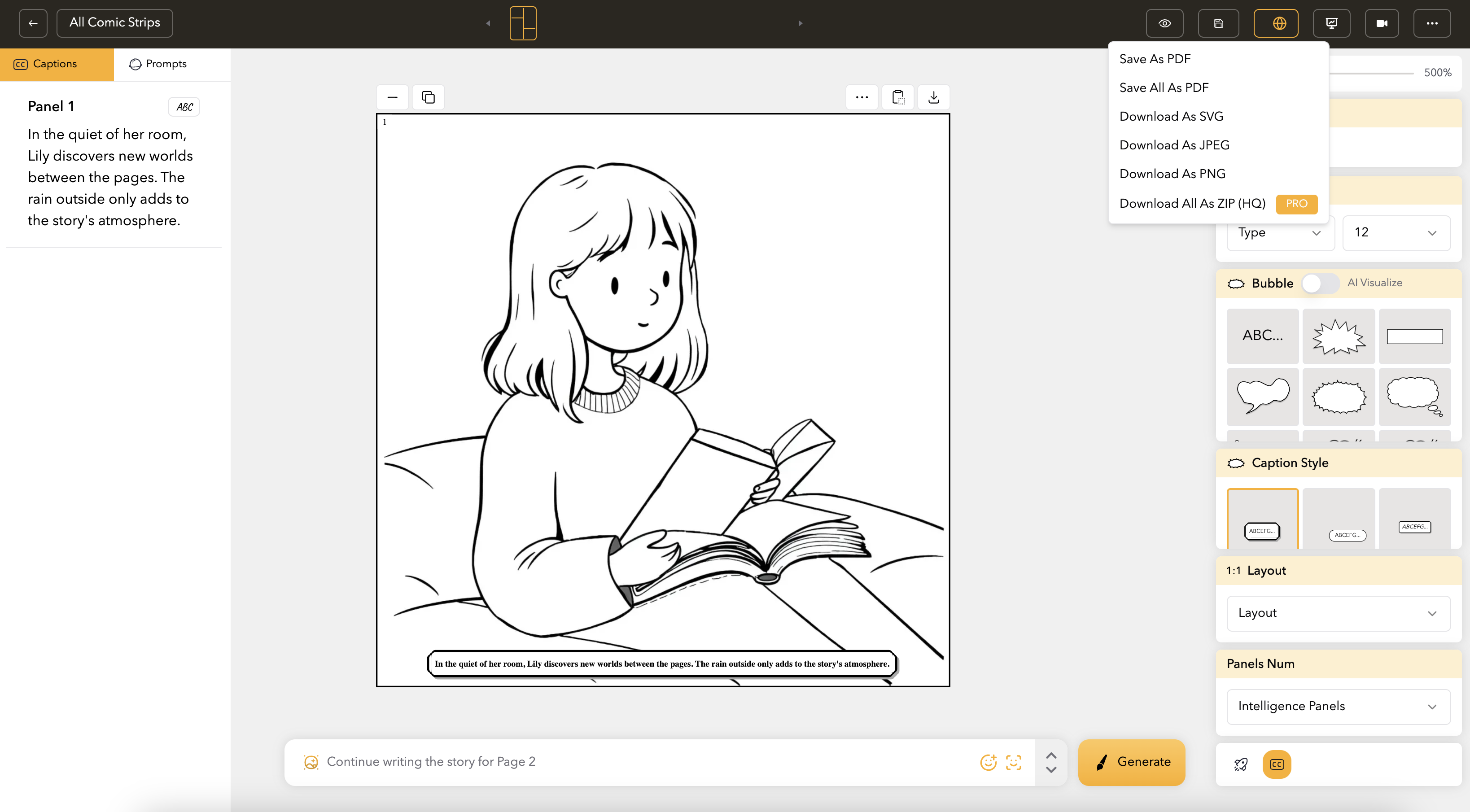 Export comic options in LlamaGen.ai