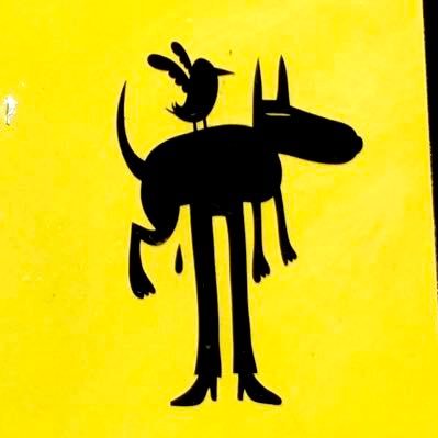 A yellow sign with a dog, bird, and man on it