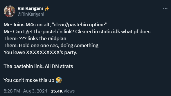 Rin Karigani talking about being kicked from a party because they asked for a pastebin link